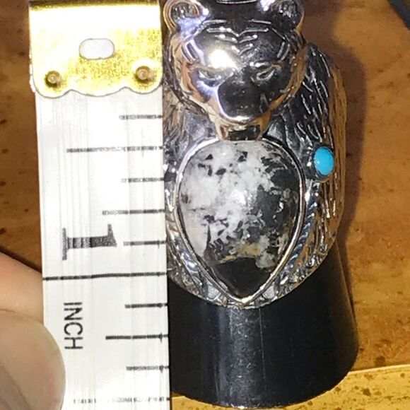 White Buffalo Turquoise Sterling Silver Bear Ring Size 10 - Picture 5 of 10